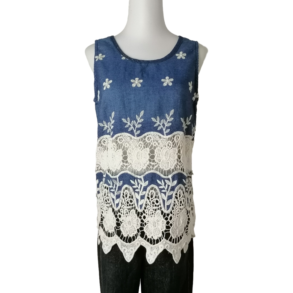 💦 L，blue and white crew neck sleeveless denim top